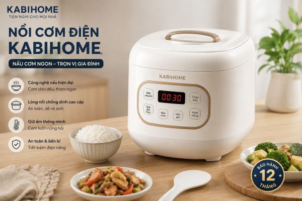 Nồi cơm điện Kabihome sở hữu thiết kế hiện đại, công nghệ nấu tiên tiến, lòng nồi chống dính cao cấp, giữ ấm thông minh và nhiều chế độ nấu, mang đến bữa cơm thơm ngon, tiện lợi cho gia đình.